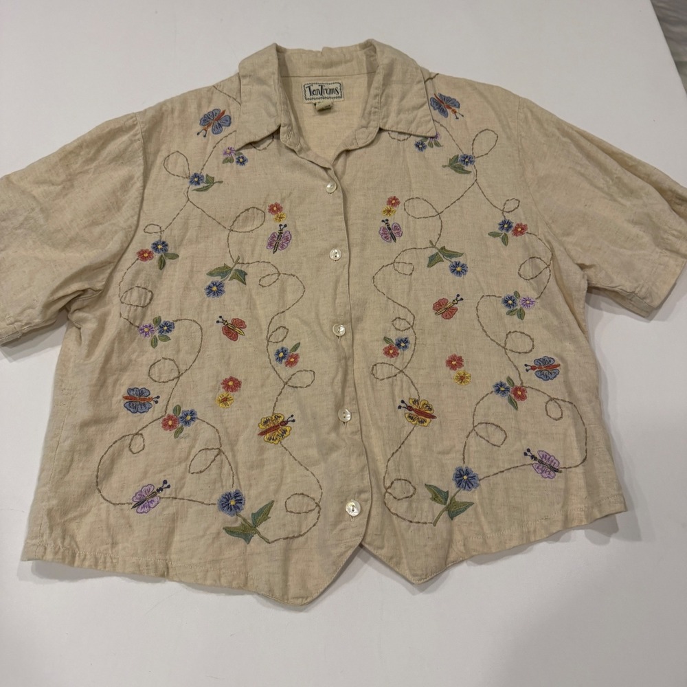 TanTrums Vintage Embroidered Butterfly Linen Blend Button Down Shirt Beige XL